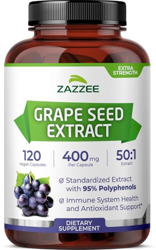 Zazzee High Strength Grape Seed 50:1 Extract, 120 Vegan Capsules, 95% Polyphenols, 400 mg per Capsule, 4 Month Supply, Antioxidant, Circulation & Blood Flow Support, Non-GMO, Made in the USA