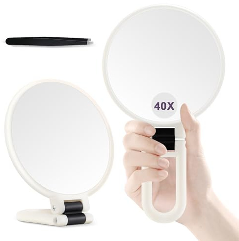 MIYADIVA Specchio con Ingrandimento 40X, Specchietto per Trucco, Doppia Faccia con Ingrandimento 40X/1X, Essenziale da Viaggio, Portatile e Pieghevole per Scrivania e Bagno, Regalo per Donne, Bianco