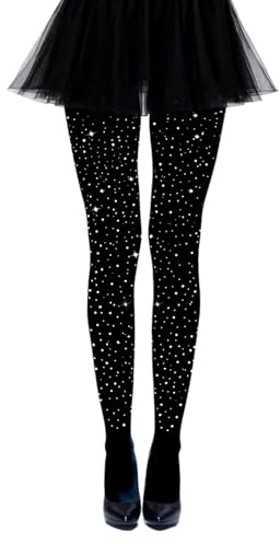 Augesak Leggings Femmes Pailletés Brillants,Collants Opagues Noirs Strass – Taille Haute Élastique,Costum scintillant Soirée Déguisée Fête Carnavalesque A