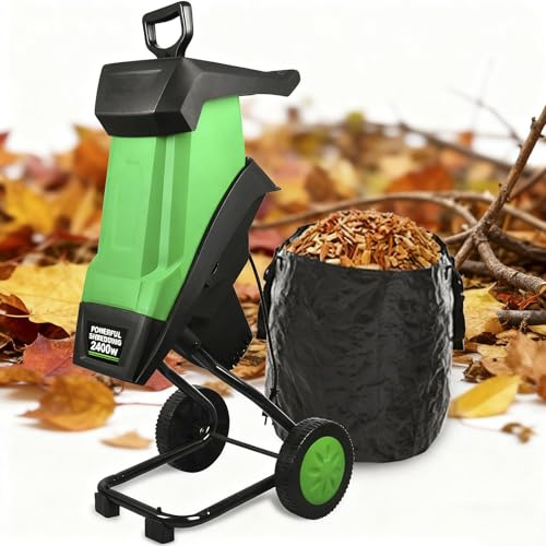 Trituradora eléctrica de jardín, diámetro de corte de 3,8 cm, astilladora de madera de 2400 W y bolsa recolectora de 50 L, ligera y portátil.