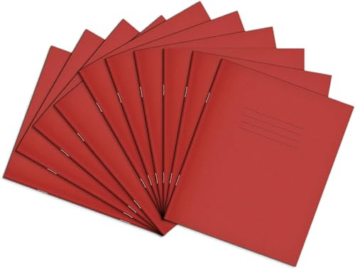Rhino 8 x 6.5 Exercise Books, 32-Page/Top Half Blank & Bottom Half 15mm Lined Paper Notebook, 10-Pack, Writing Book, Office & School Stationery Supplies, Red