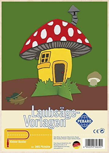 Pebaro 346S Laubsägevorlage Pilzhäuschen, 3mm Sperrholz DIN A 4, Motiv vorgedruckt, aussägen mit Laubsägebogen, basteln, anmalen, fertig, Laubsägen, Basteln mit Holz, Geschenkidee