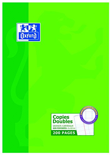 OXFORD Copies Doubles Non Perforées A4 Grands carreaux Seyès 200 Pages, Etui Carte Vert.