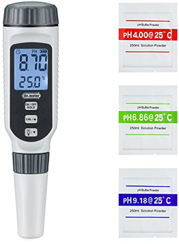 Dr.meter PH Meter, PH Tester for Water 0.01 Resolution High Accuracy PH Meter for Water 0-14pH Range Digital PH Tester with Data Hold and Backlit Two-Color LCD for Hydroponics, Garden, Pool, Aquarium