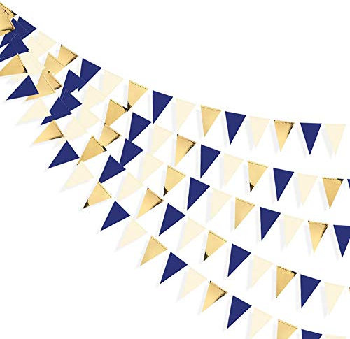 30Ft Bleu Marine Or Décorations de Fête Suspendus Papier Triangle Drapeau Fanion Bannière Banderoles Guirlande pour Anniversaire Fiançailles Mariage Bapteme Remise des Diplômes Fournitures de fête