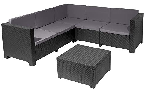 SP Berner Oasis Graphit Garten- und Terrassenmöbel-Set, dreiteilig, 3- und 2-Sitzer-Sofa und Couchtisch mit Aufbewahrung, recyceltem Kunststoff