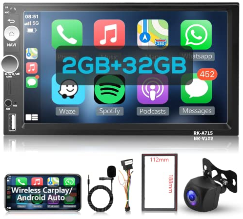 Hodozzy 2 Din Autoradio Navi 2GB 64GB Android mit Wireless Carplay, Android Auto, 7 Zoll Touchscreen Doppel DIN Stereo Radio mit GPS Navi HiFi Bluetooth WiFi FM/RDS Radio AHD Rückfahrkamera, USB