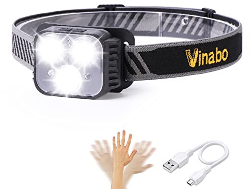 Vinabo Lampe Frontale Rechargeable, Lampe Frontale LED Ultra Puissante Détecteur de Mouvement, 6 Modes d'éclairage, Réglable Étanche Léger pour Camping,Cyclisme, Course [Classe énergétique A+++]