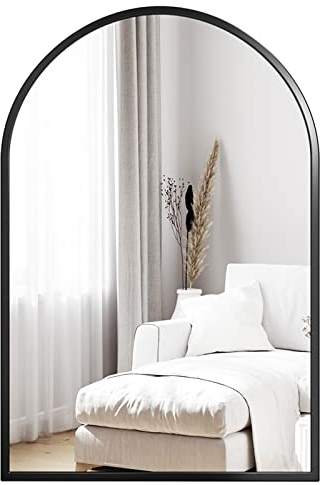 Dripex Rundbogen Wandspiegel 60x90cm mit Aluminiumrahmen,dekorativer HD Wandspiegel Schminkspiegel für Badzimmer/Ankleidezimmer/Wohnzimmer,unbrechbarer Spiegel (Schwarz)