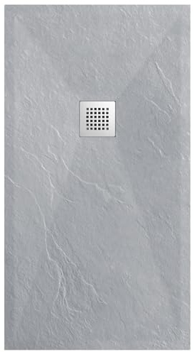 BALNEO Plato de Ducha con Tapa de Plato de Ducha, Compuesto de Resina Sintética, Estructura Antideslizante y Antibacteriana, con Faldón Bajo, Plato de Piedra Gris Claro F 80x140x2,5cm