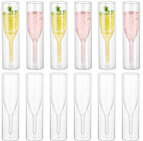 Lot de 12 flûtes à champagne sans pied en cristal - Verres à prosecco à double paroi - Verres à vin classiques en forme de tulipe - Verre transparent soufflé à la main pour cadeaux de mariage, fêtes,