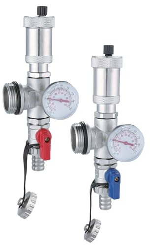 AQUA HEATING Entlüftungsventil und Ablasshahn mit Thermometer für Heizkreisverteiler Heizkörper-Entlüfter für Verteiler Rot und Blau