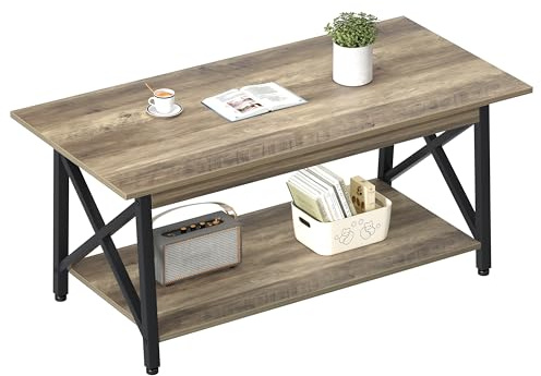 GreenForest Couchtisch mit Stauraum, 100 cm rechteckig modern 2-stufiger Wohnzimmertisch, Industrial Style X-Design Couchtisch, platzsparender Kleiner Tisch, einfache Montage, Grau