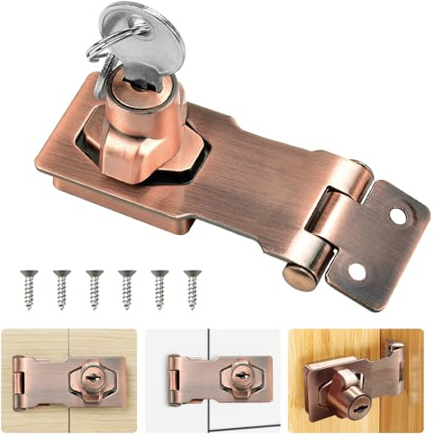 ADERTOS Keyed Hasp Lock Hasp and Staple with Padlock, Heavy Duty Shed Lock Door Lock Hasp Twist Knob Keyed Locking Hasp Safety Door Clasp Gate Lock with Key for Cabinets Gate - Red Bronze, 3 Inch