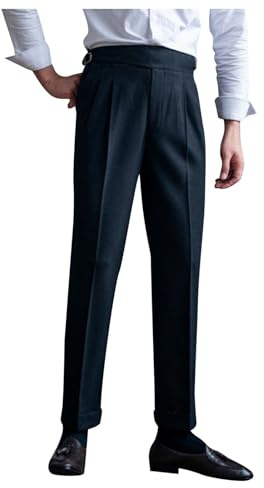 Bauzuoyo Pantalones de traje de frente plano para hombre con cintura extensible, clásicos, corte alto, pantalones de traje de negocios, suaves y cómodos, retro, ropa formal, ligera pierna recta