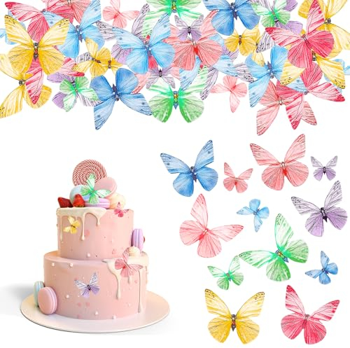 72Pcs Edible Butterfly Cake Decorations, Multicolour Edible Cupcake Toppers 3D Edible Butterfly Cake Topper for Baby Shower Party Wedding Anniversary Birthday Party Cupcake Decoration