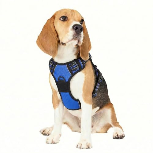 Funfox Hundegeschirr Mittelgroße Hunde, Anti Zug Brustgeschirr Verstellbares Geschirr Hund, Antiziehgeschirr mit Griff und Reflektorstreifen, No Pull Geschirr für Kleine Mittlere Grosse Blau M