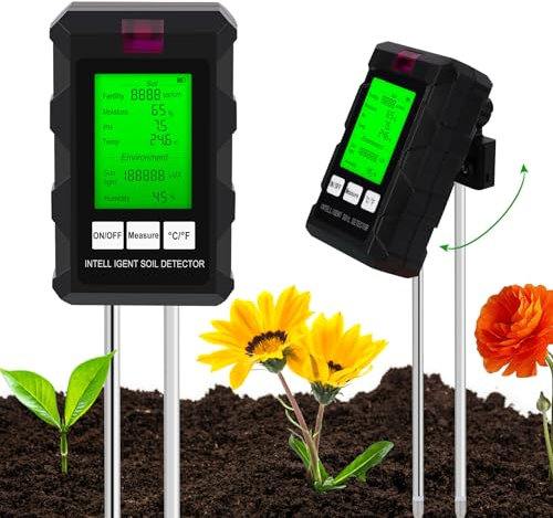 LWMTT Medidor de pH de Suelo 6 en 1, Medidor de Suelo, Pantalla LCD Retroiluminada,con fertilidad del Suelo/Humedad/pH/Temperatura/luz Solar/Humedad Ambiental para Agricultura/Jardín/Plantas