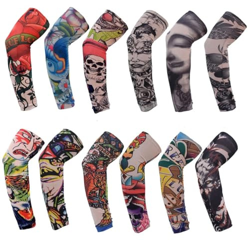 Mangas de Tatuaje para Hombres y Mujeres,12 Piezas Medias de Tatuaje para Brazos,Mangas de Tatuaje de Nailon Elástico para Ciclismo al Aire Libre, Protección Solar de Verano