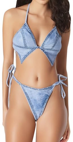 Bikini Cup E 44 Swimsuit with Denim Print for Women, Stylish Bikini Style Swimsuit, Trendy Swimwear for Summer Beach and Pool Bikini Bottoms Set, lightblue, S