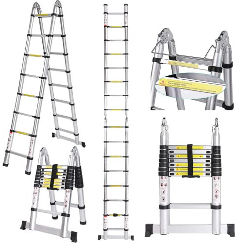 COOCHEER Telescopic Ladder 5 m, Aluminium Ladder Extendable with 16 Rungs, Folding Ladder 5 Metres, Multi-Purpose Ladder up to 150 kg, for Loft and Household