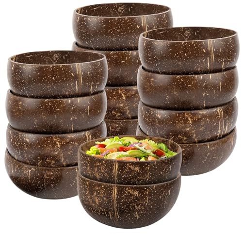 SWEWARM 14 PCS Coconut Shell Bowls, 13.5 oz Natural Wooden Bowls, Rustic Serving Bowls for Smoothie, Acai, Salad, Snacks, Vegan Presents, Kitchen Decor, Picnic, Theme Party Dining