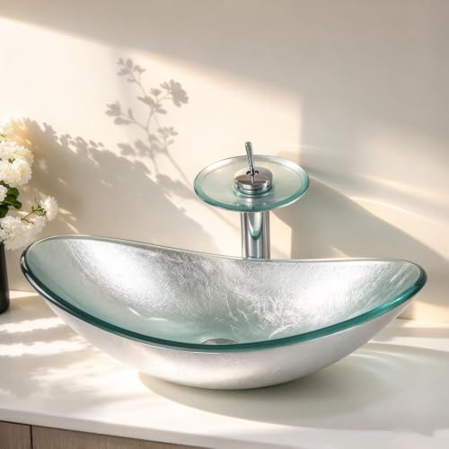 kiciykc Silver Glass Bathroom Sinks 540mm x 350mm x 165mm | Bowl Sink for Bathroom,Oval Wash Basin Sink,Countertop Sink with Tap and Pop-Up Waste Set