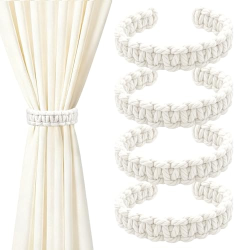 TAIVIN Lot de 4 Embrasses De Rideaux Tissés,Embrasses de Rideaux Bohème,Attache Rideau Embrasse Rustikaler Landhaussti,Convient aux Chambres à Coucher, aux Bureaux et aux Salons (Blanc)