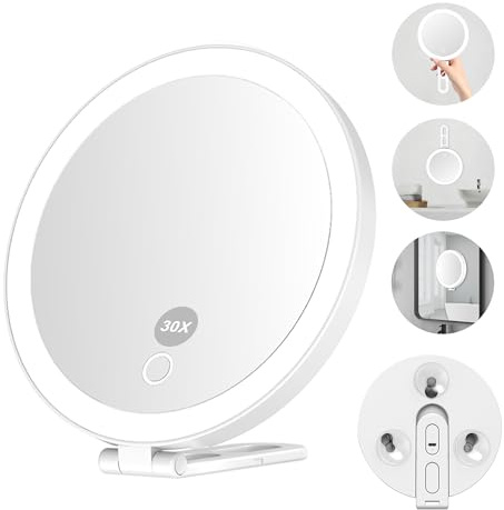 Mocado 30x Magnifying Mirror with Light, 16cm Travel Magnifying Mirror with 3 Suction Cups, Rechargeable Makeup Mirror with 3 Colors Lighting, Suction Cup & Stable Stand, Handheld Mirror(White)