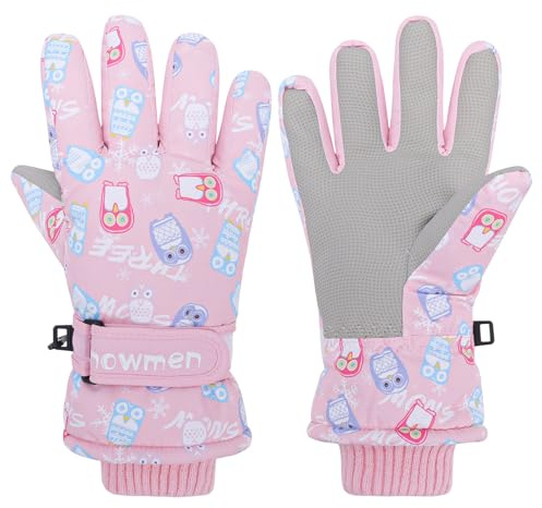 QKURT Guanti da sci per bambini, guanti invernali caldi antiscivolo in PU per bambini, per slittino, snowboard, guanto termici, antivento, guanto da neve per tempo freddo, gufo rosa, età 2-9 anni