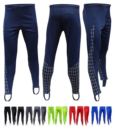 Acclaim Athens Mens Four Way Stretch Polyester Reflective Print Running Exercise Fitness Training Elasticated Tie Cord Waist Track Tights Pants Leggings with Stirrups (Navy Blue, Small)