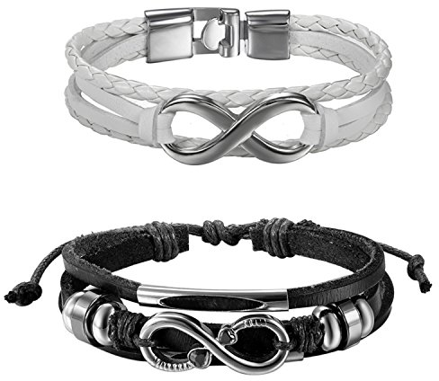 OIDEA Paar Armband aus Leder Infinity: 2pcs Herren Damen Unendlichkeit Zeichen Lederarmand Set weiss schwarz Geflochten Lederarmband Surferarmband Armreif verstellbar Geschenk für Partner Paare