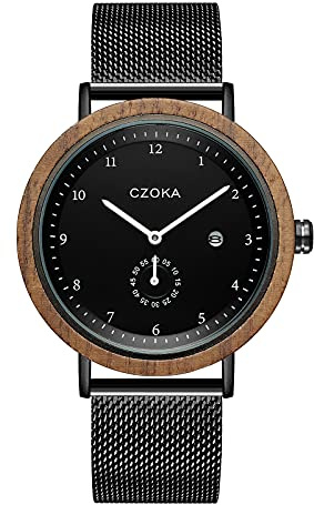 CZOKA Reloj de Madera para Hombre y Mujer, Movimiento de Cuarzo japonés, visualización de la Fecha, Caja de Madera Natural, Correa de Piel, diámetro 42 mm