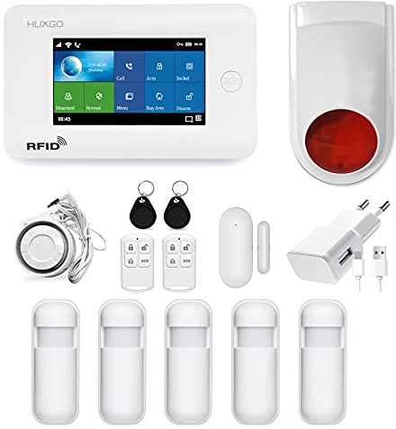 HUXGO HXA006 Funk Alarmanlage WiFi + GSM 4G Modul mit 5 Bewegungssensoren und Funksirene - Bewegungsmelder mit Alarm, SMS-Benachrichtigungen, Steuerung vom Telefon aus