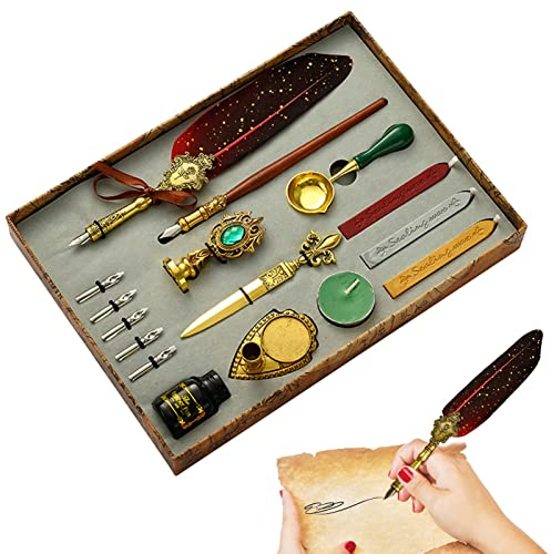 ZEKKLE Pennset med fjäderköl | Vintage kalligrafipenna för skrivning, fjäderpenna, bläckset innehåller fjäderdipppenna, bläck, ersättningsspetsar, kuvertverktyg, romantisk