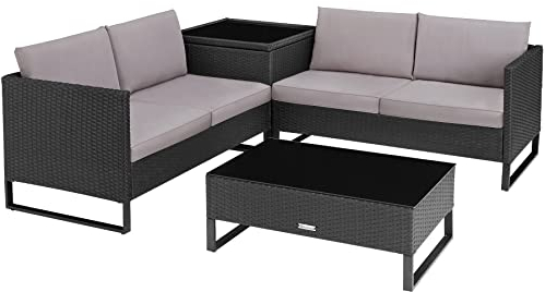 tectake® Poly Rattan Lounge Sitzgruppe, Gartenmöbel Set mit Sofa, Tisch mit Glasplatte, Auflagenbox, Outdoor Kissen wetterfest, Möbel für Garten, Balkon, Terrasse oder Wintergarten - schwarz