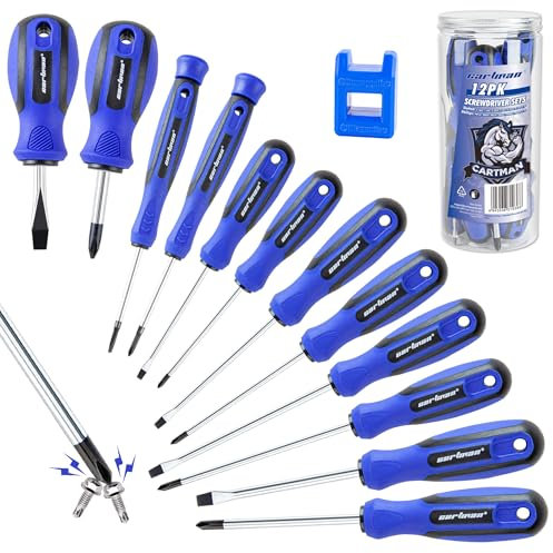CARTMAN 12 Piece Magnetic Screwdriver Set 6 Phillips and 6 Flat Professional Cushion Grip Hand Tools Set