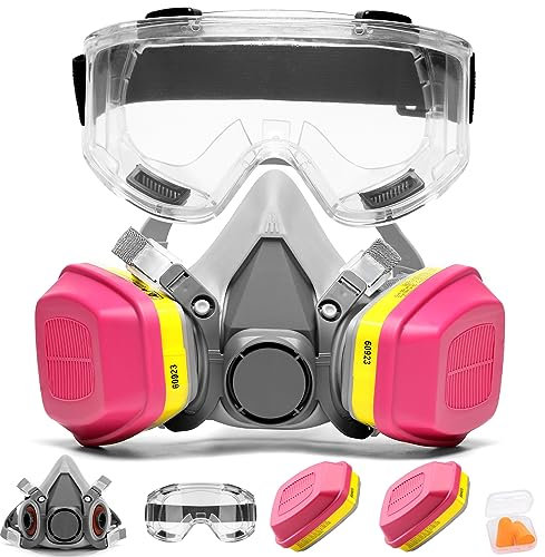 RANKSING Masque respiratoire professionnel 6200 réutilisable avec lunettes de protection et cartouches filtrantes 60923 pour poussière de peinture et formaldéhyde ponçage, polissage et autres travaux
