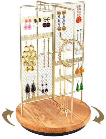 EBANKU Soporte Giratorio 360° colgador pendientes, Gold,organizador joyas,Almacenamiento para más 100 pares Aretes, organizador collares,Incluye 4 Secciones para Collares, Pulseras, Anillosy Relojes