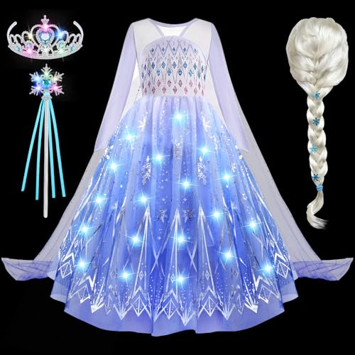 G.C Luminoso LED Vestito Principessa Bambina con Parrucca Corona e Bacchetta, Costumi Principessa Bambini Costume per Carnevale Halloween Compleanno Natale Cosplay (130, 7-8 Anni)