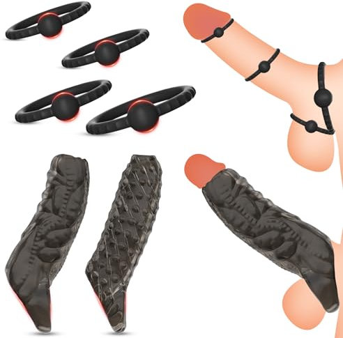 6er Penismanschetten Penishülle Set für Männer,2 Cock Sleeve + 4 Cockringe Extrem Silikon,Penis Sleeve für Penisvergrößerung Sexspielzeug,Sex Toy Set Herren (Schwarz)