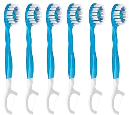 Lilbitty 6 Stück Einweg Mini Reisezahnbürsten, 5-in-1 vorpastete Mini Bürste+Zahnseide+Zahnstocher+Zungenschaber, vorpastete Zahnbürste für unterwegs mit Erfrischungsperle