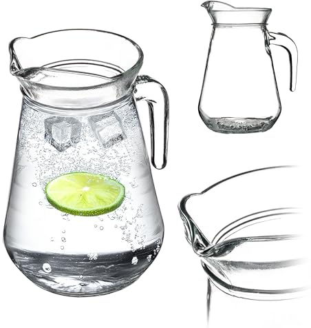 KADAX Jarra de Vidrio Transparente con una Capacidad de 1.3 Litros, Jarra de Cristal con Asa para Servir Bebidas Frías como Agua, Leche, Zumos, Limonadas y Más