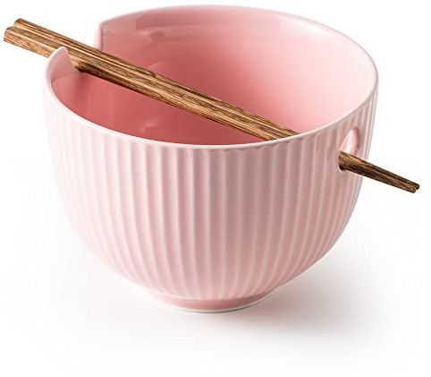 KAMAIDI Ceramic Ramen Bowl with Matching Chopsticks, Soup Bowls for Udon Soba Pho Asian Noodles, Dishwasher and Microwave Safe, 28 oz (1-Bowl-Pink)
