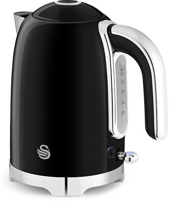 Swan SK19026BLK Solace Cordless Kettle, Premium Stainless Steel with a High Gloss Finish, Fast Boil, 360-Degree Base, Removable Limescale Filter, 1.7 Litres, 3000W, Black
