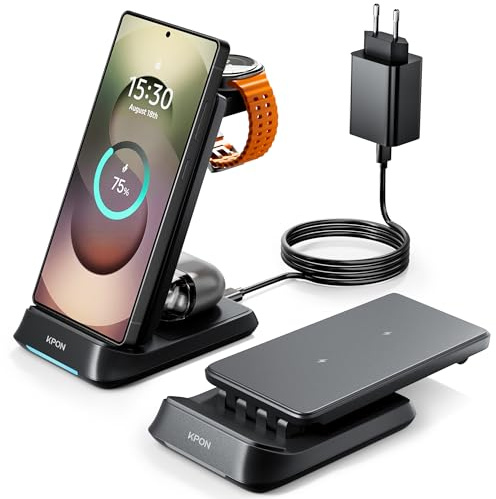 KPON 3 in 1 Ladestation für Samsung Watch und Handy, Faltbar Induktive Ladegerät für Samsung S26/S25/S24/S23/S22/Z Flip/Fold7/FE, Wireless Charger für Galaxy Watch Ultra/8/7/6/5/4, Galaxy Buds-schwarz