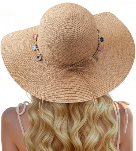 Beach Sun Straw Hats for Women, Floppy Wide Brim Womens Sun Hat UPF 50+ UV Protection, Foldable Packable Summer Hats Beach Vacation Essentials with Wind Lanyard Roll Up Cap