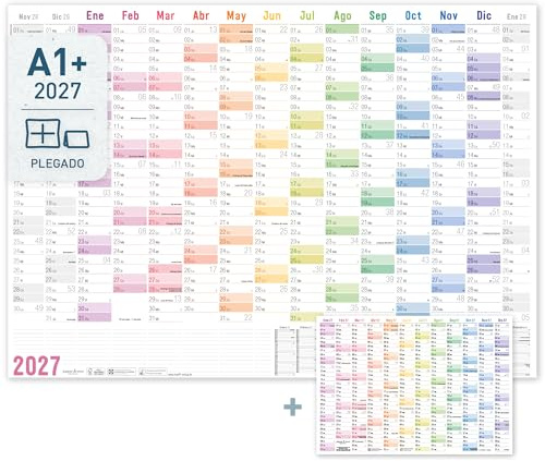 Häfft® Calendario de pared XXL 2027 A1+ en español, plegado Rainbow