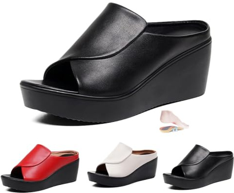 Xtdomcoth Women's Orthopaedic Slip-on Wedge Sandals, Summer Peep Toe Mules Platform Wedge Sandals Dressy Slides for Party Vacation, 2.36 (Black,4)