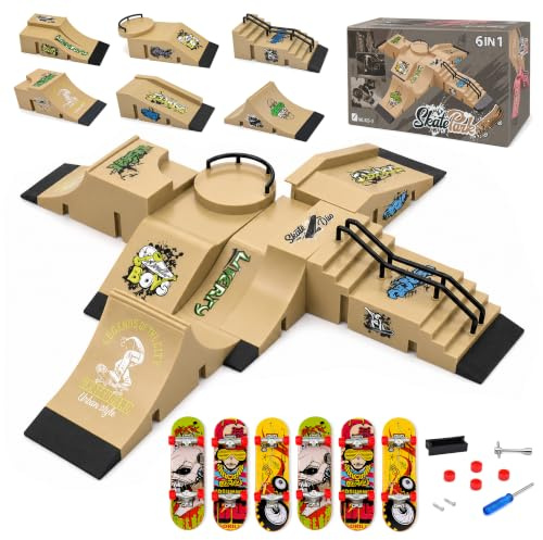 iPalamila 6-i-1-fingerskateboard Park-set – med 6 ramper och 6 minifingerboards – perfekt för fingerboard-fans, barn och nybörjare för att öva tricks och ha kul.